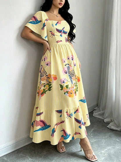 Modelyn Bird Of Paradise Tropical Plant Print Brown & Yellow Elegant Women's Dress, Fashionable Square Neck Large Flutter Sleeve Cap Sleeve Dress, Ruffle Hem Design, Bohemian Style Women's Clothing, S