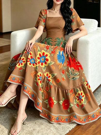 Modelyn Bird Of Paradise Tropical Plant Print Brown & Yellow Elegant Women's Dress, Fashionable Square Neck Large Flutter Sleeve Cap Sleeve Dress, Ruffle Hem Design, Bohemian Style Women's Clothing, S