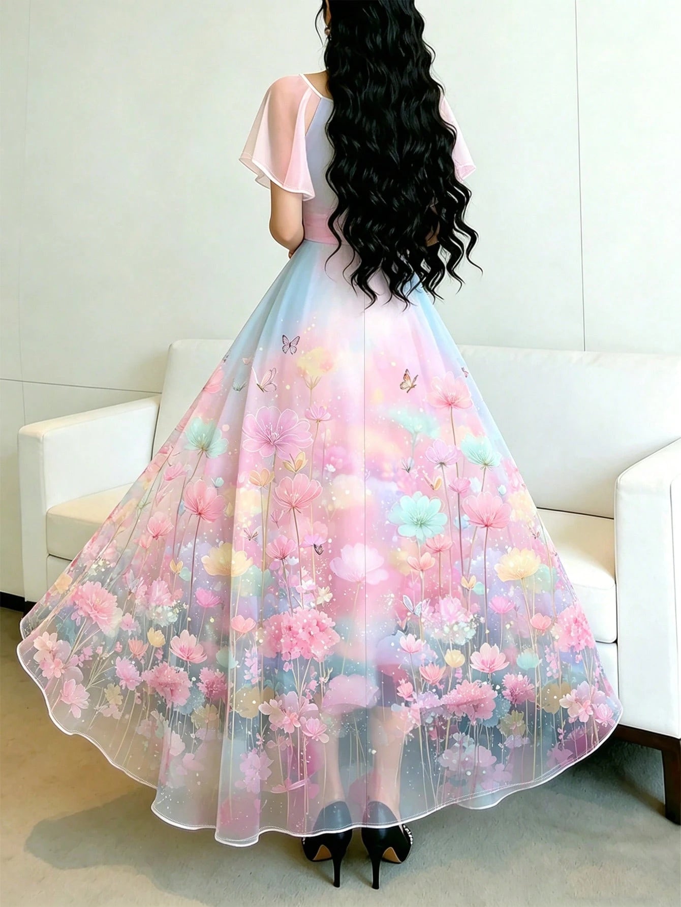 Modelyn Dreamy Pink Floral Summer Fairycore Women's Long Dress,Square Neck Flutter Sleeve Party Waist Cinched Elegant Chiffon Maxi Dress,Blue Floral Pattern