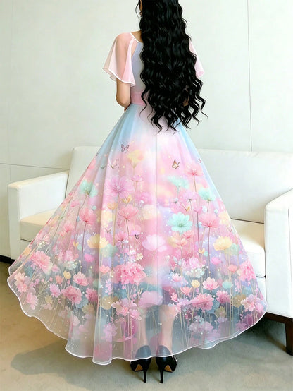Modelyn Dreamy Pink Floral Summer Fairycore Women's Long Dress,Square Neck Flutter Sleeve Party Waist Cinched Elegant Chiffon Maxi Dress,Blue Floral Pattern