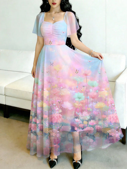 Modelyn Dreamy Pink Floral Summer Fairycore Women's Long Dress,Square Neck Flutter Sleeve Party Waist Cinched Elegant Chiffon Maxi Dress,Blue Floral Pattern