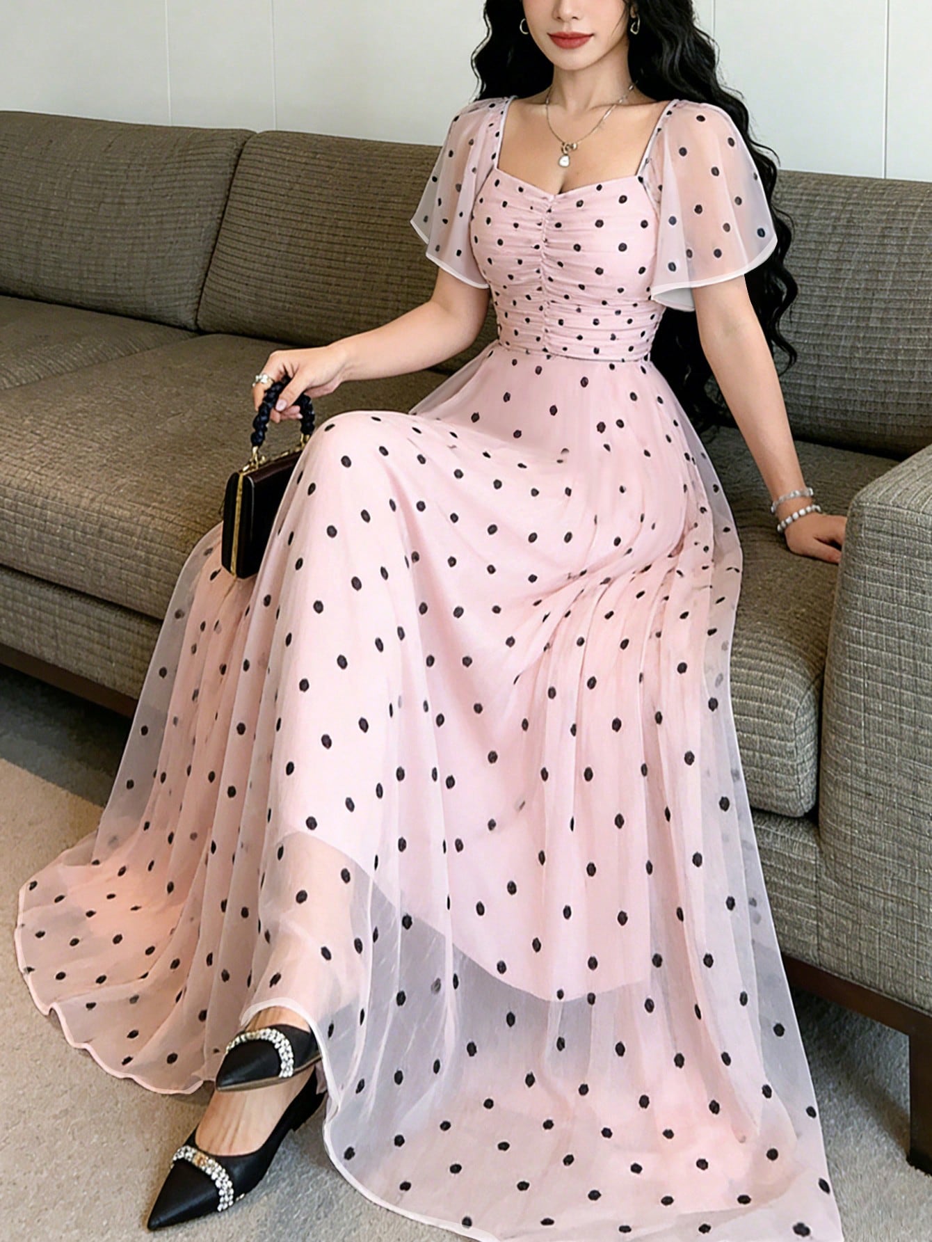 Modelyn Dreamy Pink Floral Summer Fairycore Women's Long Dress,Square Neck Flutter Sleeve Party Waist Cinched Elegant Chiffon Maxi Dress,Blue Floral Pattern