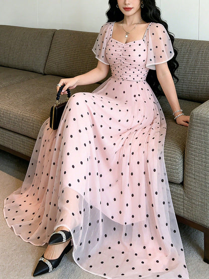 Modelyn Dreamy Pink Floral Summer Fairycore Women's Long Dress,Square Neck Flutter Sleeve Party Waist Cinched Elegant Chiffon Maxi Dress,Blue Floral Pattern