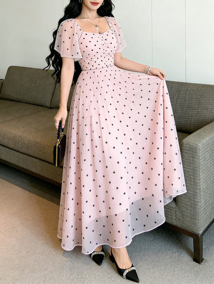 Modelyn Dreamy Pink Floral Summer Fairycore Women's Long Dress,Square Neck Flutter Sleeve Party Waist Cinched Elegant Chiffon Maxi Dress,Blue Floral Pattern
