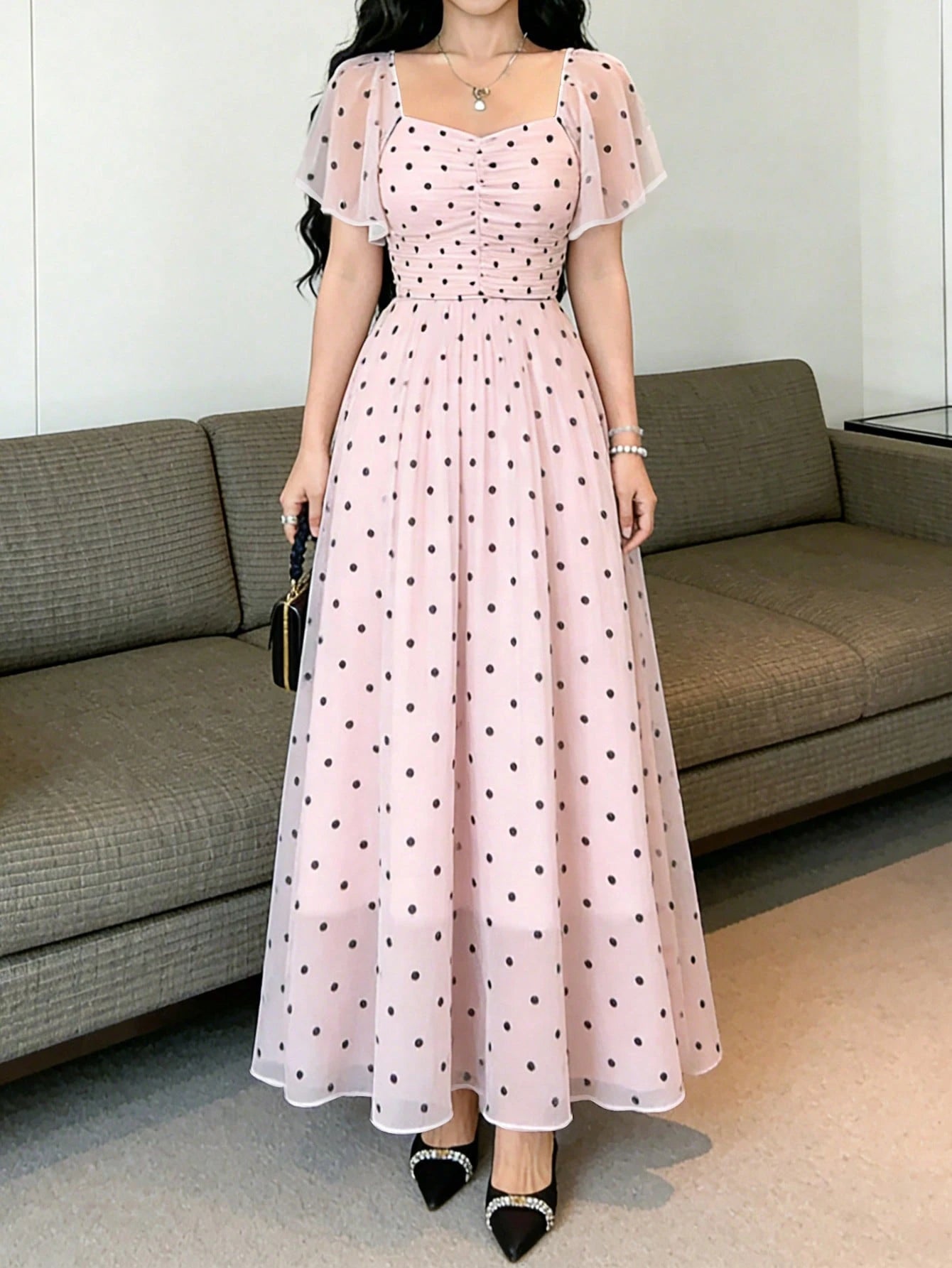 Modelyn Dreamy Pink Floral Summer Fairycore Women's Long Dress,Square Neck Flutter Sleeve Party Waist Cinched Elegant Chiffon Maxi Dress,Blue Floral Pattern
