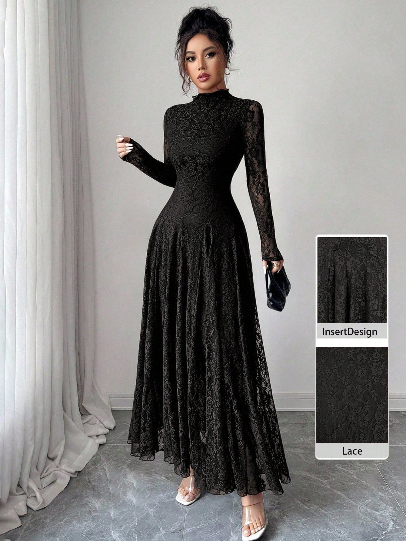 Modelyn Elegant Lace Dress For Women, Black Autumn Formal Dinner Date Dining Evening Dining, High Collar Delicate Lace, Cinched Waist Us Long Sleeve Dress