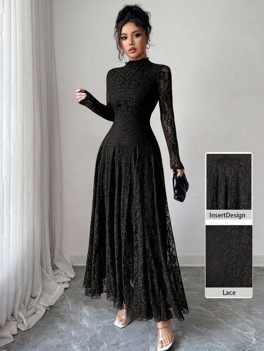 Modelyn Elegant Lace Dress For Women, Black Autumn Formal Dinner Date Dining Evening Dining, High Collar Delicate Lace, Cinched Waist Us Long Sleeve Dress