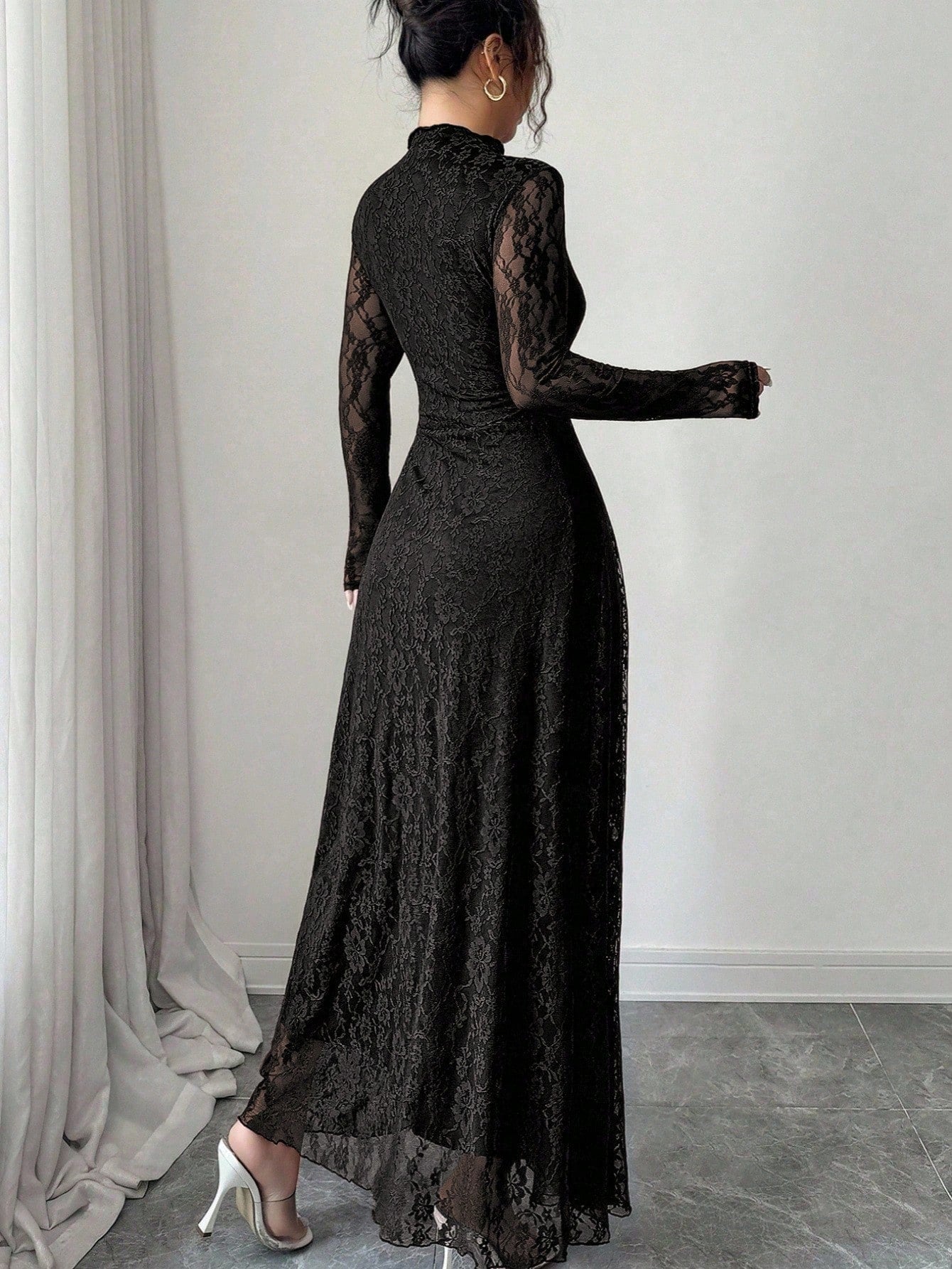 Modelyn Elegant Lace Dress For Women, Black Autumn Formal Dinner Date Dining Evening Dining, High Collar Delicate Lace, Cinched Waist Us Long Sleeve Dress