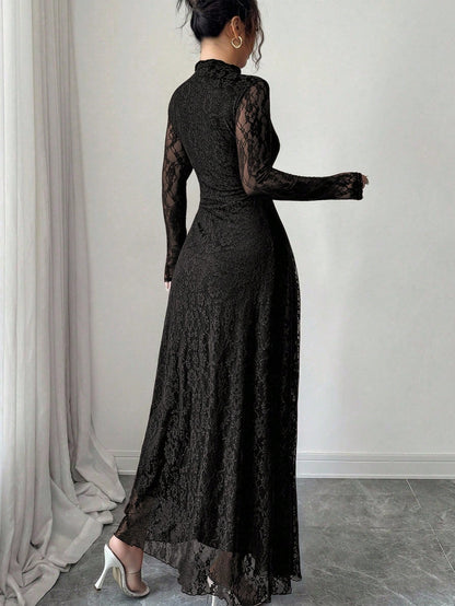 Modelyn Elegant Lace Dress For Women, Black Autumn Formal Dinner Date Dining Evening Dining, High Collar Delicate Lace, Cinched Waist Us Long Sleeve Dress