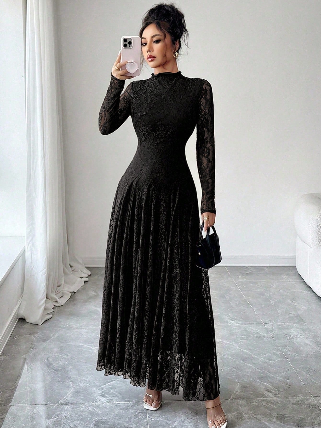 Modelyn Elegant Lace Dress For Women, Black Autumn Formal Dinner Date Dining Evening Dining, High Collar Delicate Lace, Cinched Waist Us Long Sleeve Dress