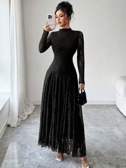 Modelyn Elegant Lace Dress For Women, Black Autumn Formal Dinner Date Dining Evening Dining, High Collar Delicate Lace, Cinched Waist Us Long Sleeve Dress