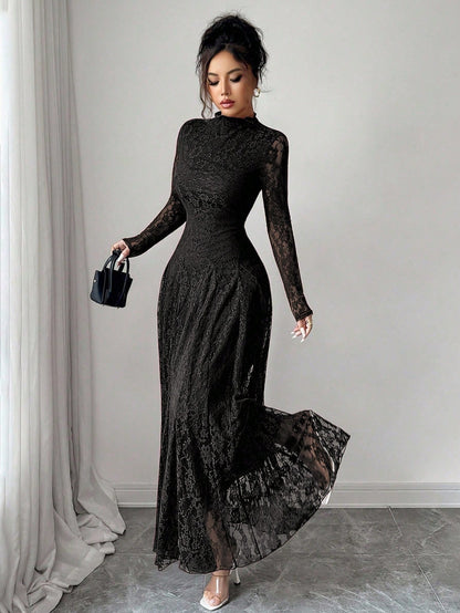 Modelyn Elegant Lace Dress For Women, Black Autumn Formal Dinner Date Dining Evening Dining, High Collar Delicate Lace, Cinched Waist Us Long Sleeve Dress