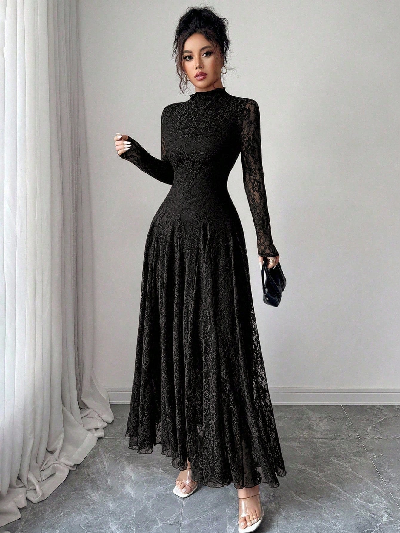 Modelyn Elegant Lace Dress For Women, Black Autumn Formal Dinner Date Dining Evening Dining, High Collar Delicate Lace, Cinched Waist Us Long Sleeve Dress