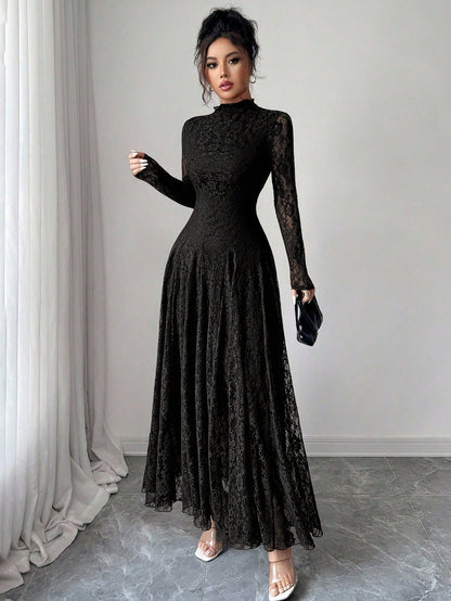 Modelyn Elegant Lace Dress For Women, Black Autumn Formal Dinner Date Dining Evening Dining, High Collar Delicate Lace, Cinched Waist Us Long Sleeve Dress