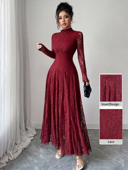 Modelyn Elegant Lace Dress For Women, Black Autumn Formal Dinner Date Dining Evening Dining, High Collar Delicate Lace, Cinched Waist Us Long Sleeve Dress