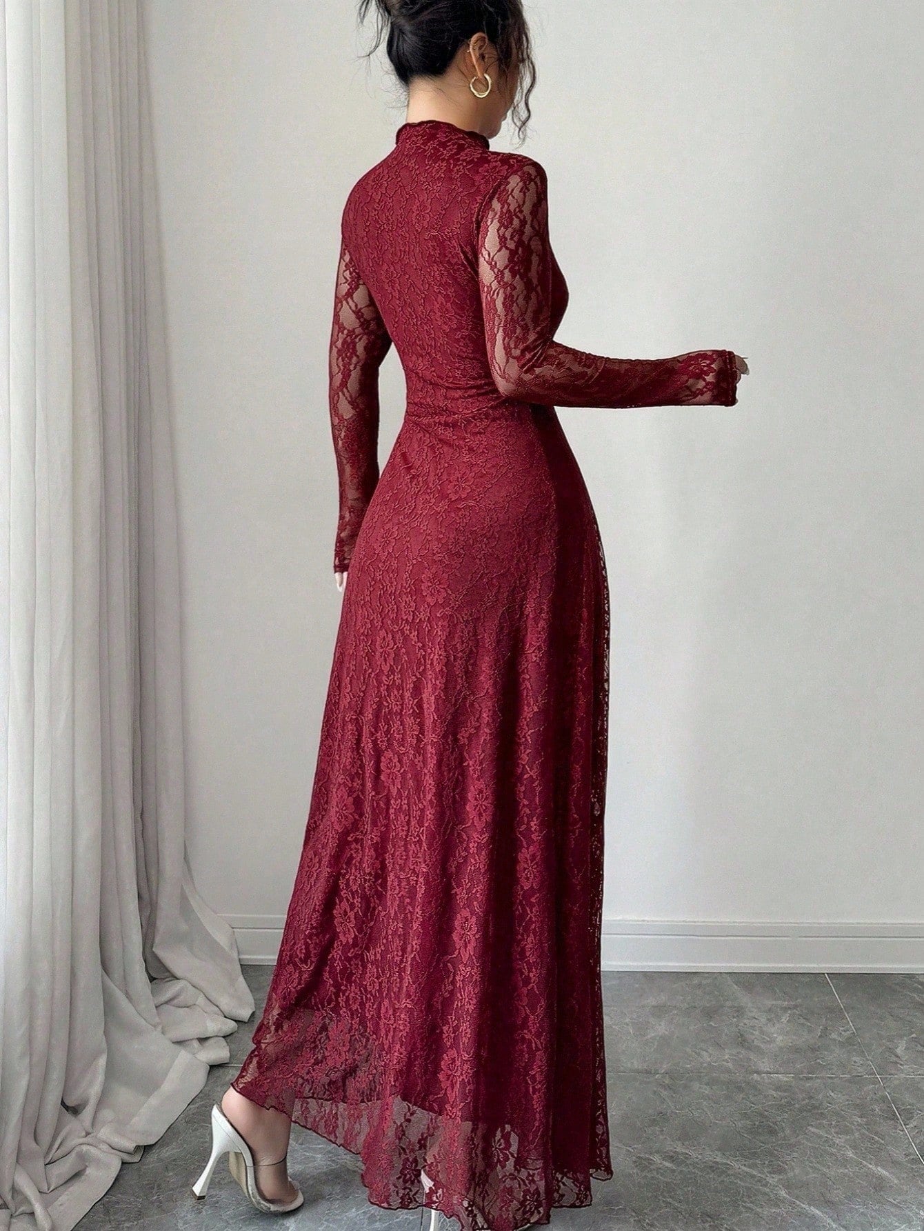 Modelyn Elegant Lace Dress For Women, Black Autumn Formal Dinner Date Dining Evening Dining, High Collar Delicate Lace, Cinched Waist Us Long Sleeve Dress