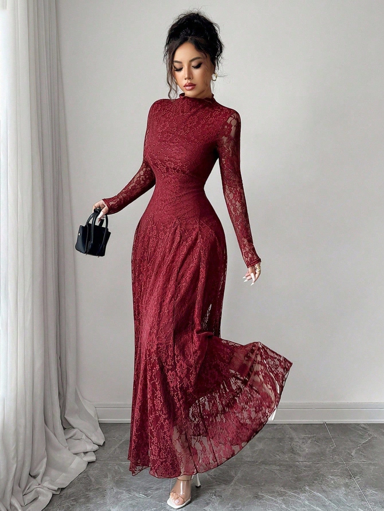 Modelyn Elegant Lace Dress For Women, Black Autumn Formal Dinner Date Dining Evening Dining, High Collar Delicate Lace, Cinched Waist Us Long Sleeve Dress