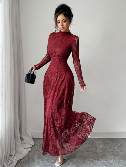 Modelyn Elegant Lace Dress For Women, Black Autumn Formal Dinner Date Dining Evening Dining, High Collar Delicate Lace, Cinched Waist Us Long Sleeve Dress
