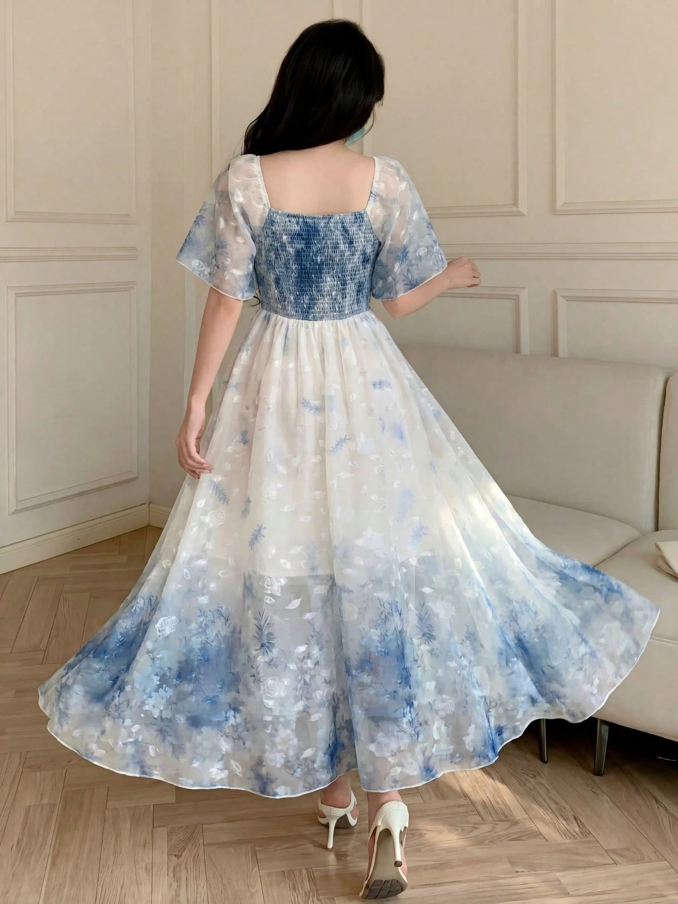 Modelyn Elegant Light Blue And White Organza Printed Flared Dress For Women,Summer Fairycore Square Neck Short Sleeve Waist-Defining Garden Party Dress,Zanea