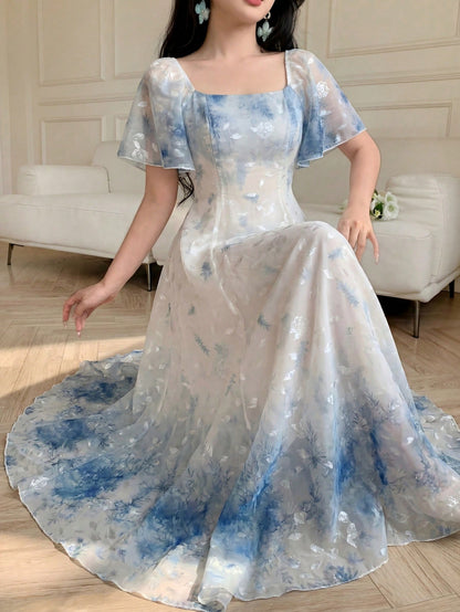 Modelyn Elegant Light Blue And White Organza Printed Flared Dress For Women,Summer Fairycore Square Neck Short Sleeve Waist-Defining Garden Party Dress,Zanea