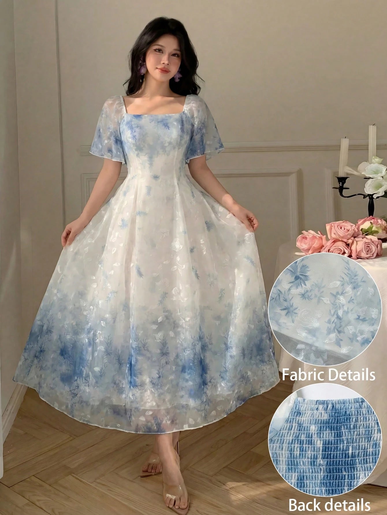 Modelyn Elegant Light Blue And White Organza Printed Flared Dress For Women,Summer Fairycore Square Neck Short Sleeve Waist-Defining Garden Party Dress,Zanea