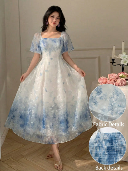 Modelyn Elegant Light Blue And White Organza Printed Flared Dress For Women,Summer Fairycore Square Neck Short Sleeve Waist-Defining Garden Party Dress,Zanea