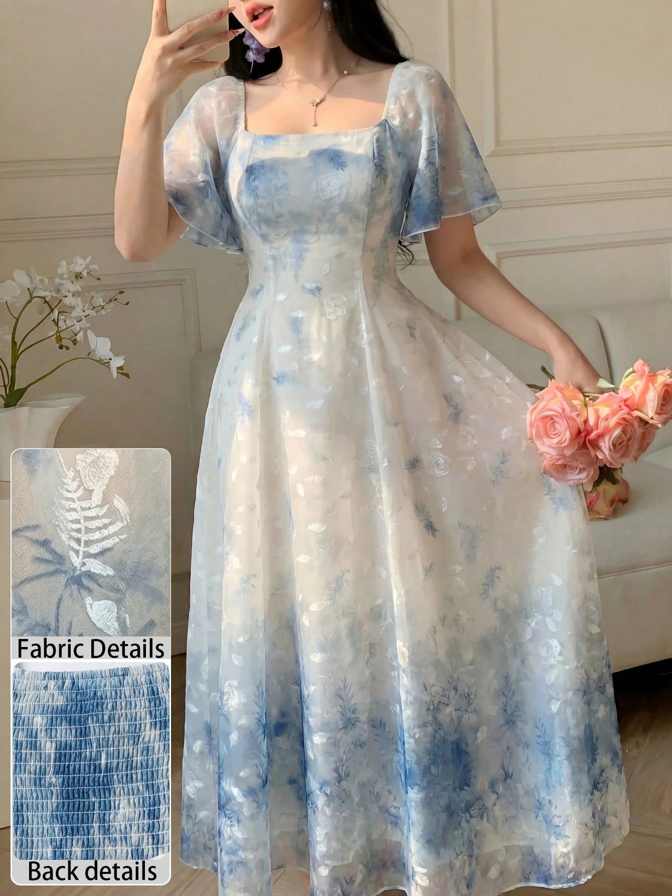 Modelyn Elegant Light Blue And White Organza Printed Flared Dress For Women,Summer Fairycore Square Neck Short Sleeve Waist-Defining Garden Party Dress,Zanea