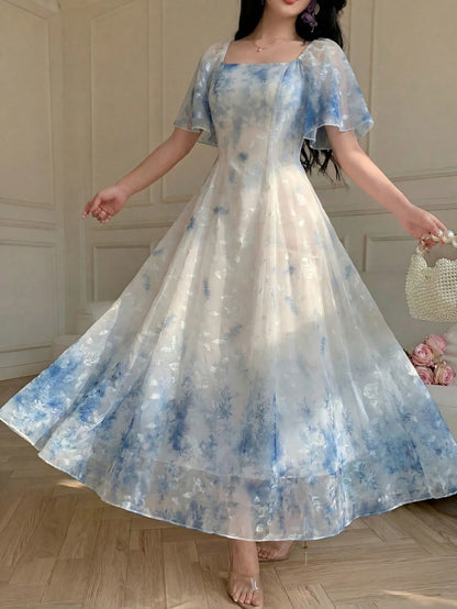 Modelyn Elegant Light Blue And White Organza Printed Flared Dress For Women,Summer Fairycore Square Neck Short Sleeve Waist-Defining Garden Party Dress,Zanea