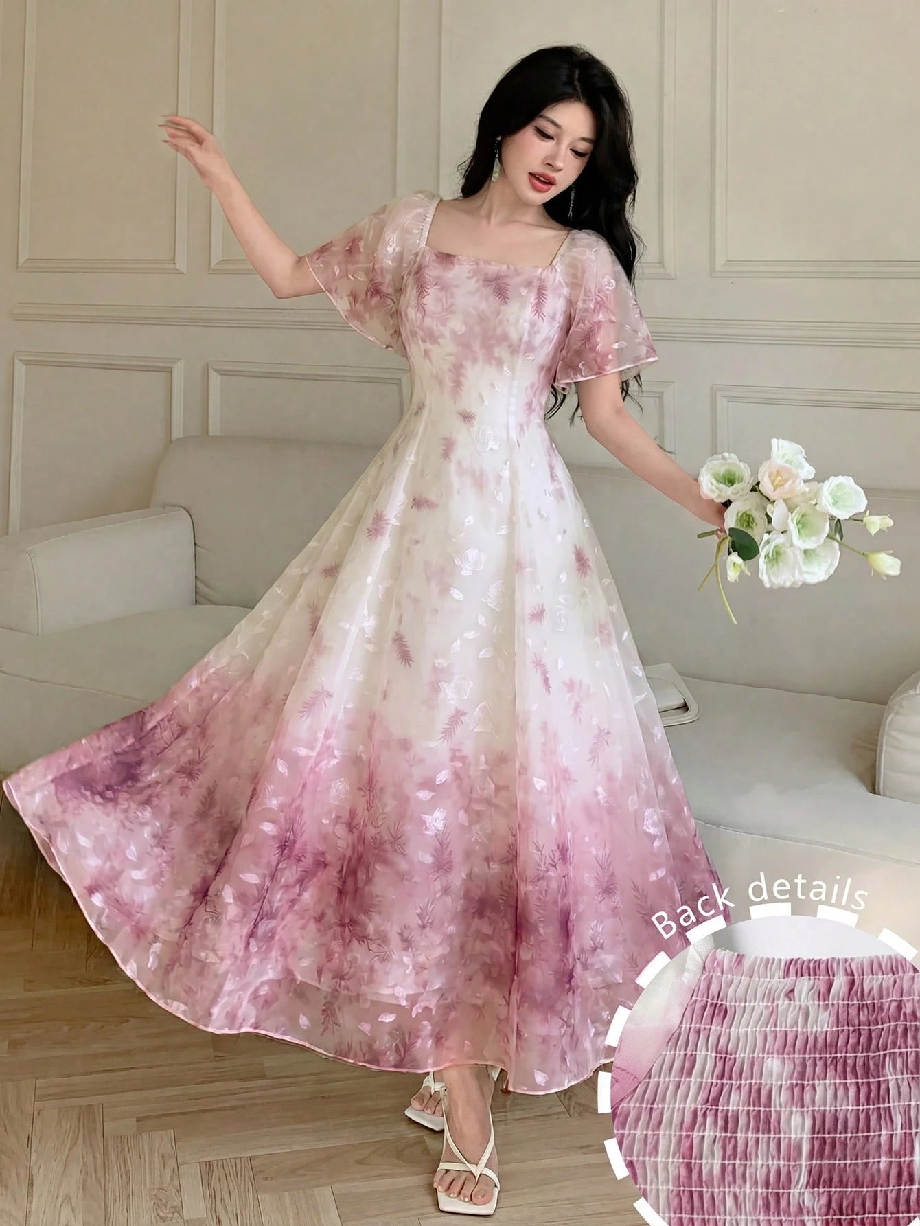 Modelyn Elegant Light Blue And White Organza Printed Flared Dress For Women,Summer Fairycore Square Neck Short Sleeve Waist-Defining Garden Party Dress,Zanea