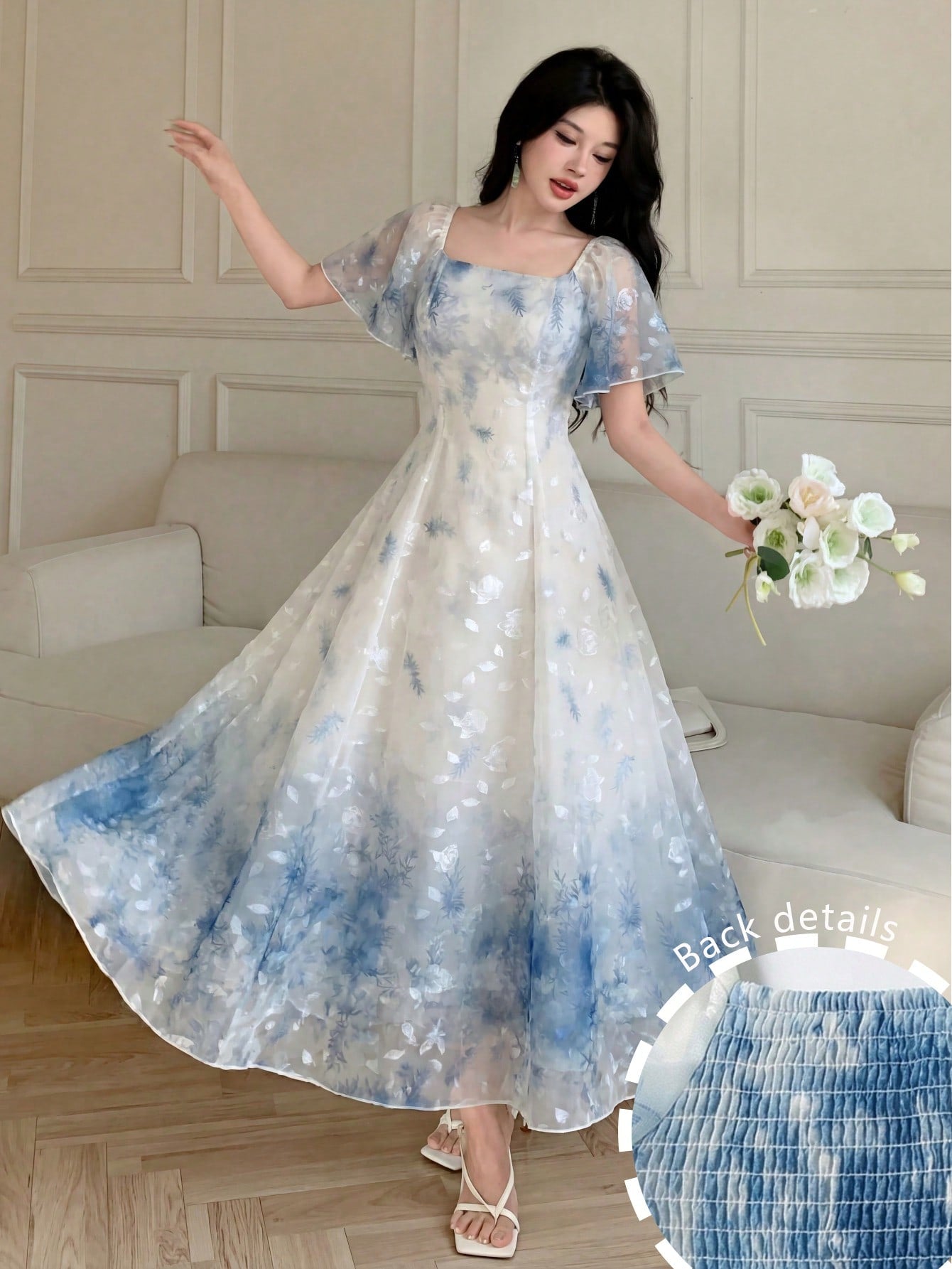 Modelyn Elegant Light Blue And White Organza Printed Flared Dress For Women,Summer Fairycore Square Neck Short Sleeve Waist-Defining Garden Party Dress,Zanea