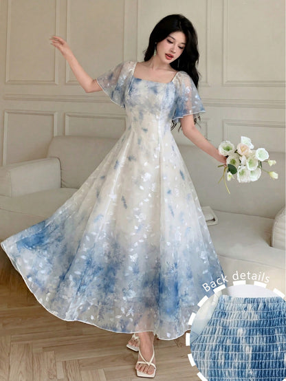 Modelyn Elegant Light Blue And White Organza Printed Flared Dress For Women,Summer Fairycore Square Neck Short Sleeve Waist-Defining Garden Party Dress,Zanea