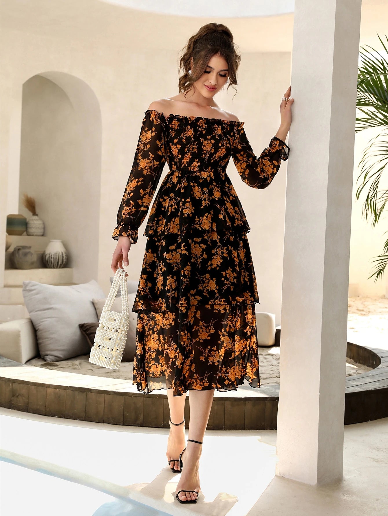 Modelyn Floral Print Off Shoulder Shirred Flounce Sleeve Layered Hem Dress Maxi Women Outfit Long Evening Dresses Fall Cloth For Women