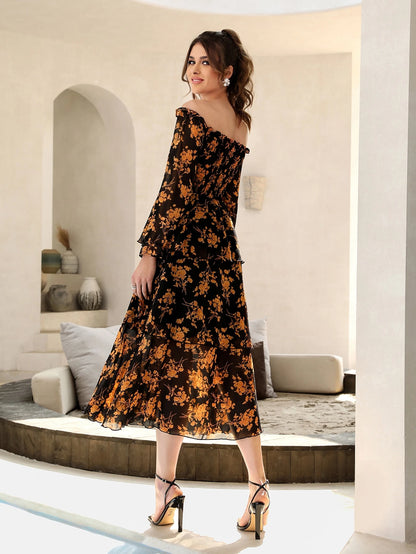 Modelyn Floral Print Off Shoulder Shirred Flounce Sleeve Layered Hem Dress Maxi Women Outfit Long Evening Dresses Fall Cloth For Women