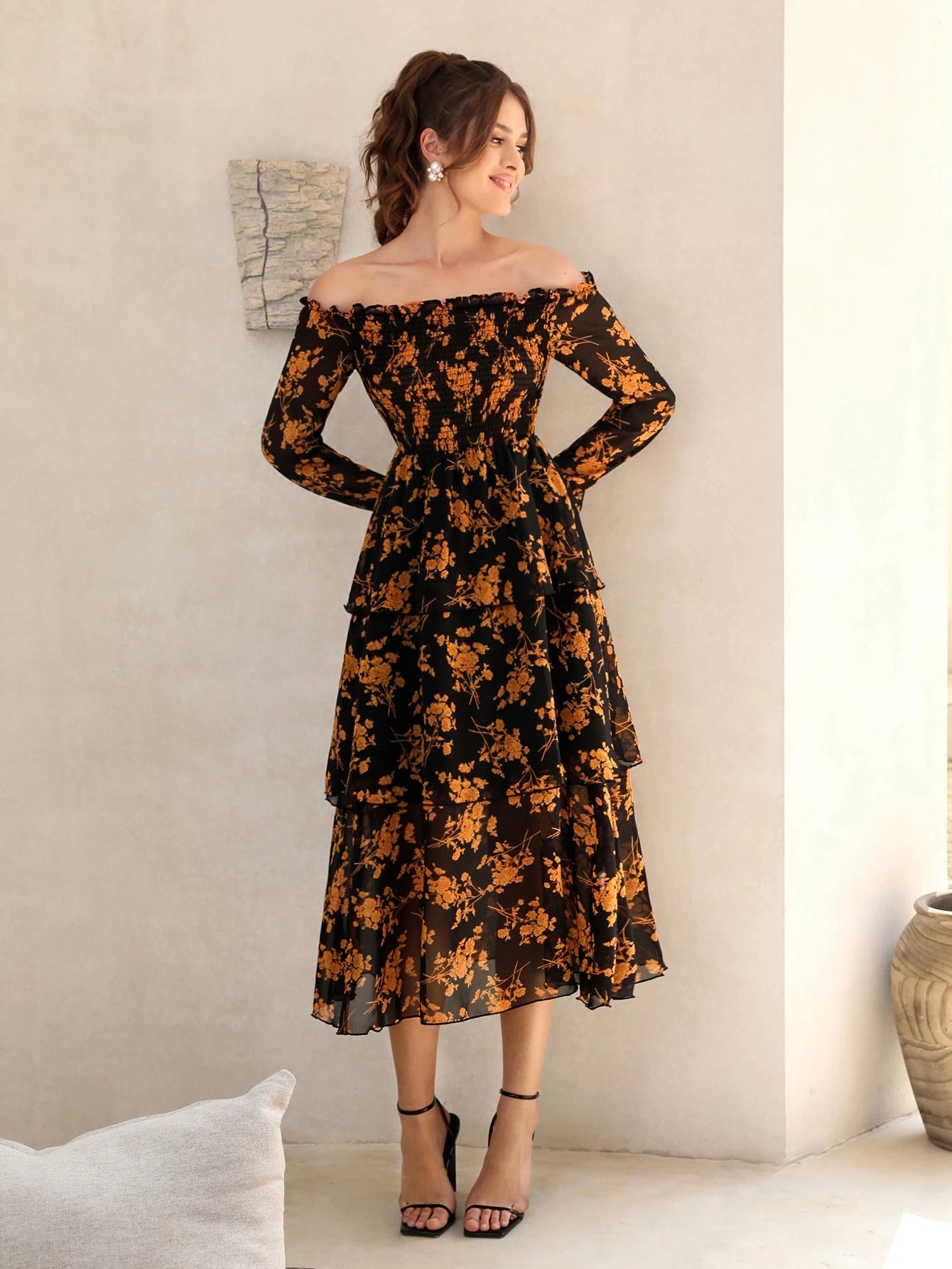Modelyn Floral Print Off Shoulder Shirred Flounce Sleeve Layered Hem Dress Maxi Women Outfit Long Evening Dresses Fall Cloth For Women