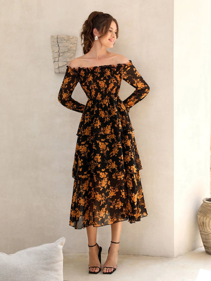 Modelyn Floral Print Off Shoulder Shirred Flounce Sleeve Layered Hem Dress Maxi Women Outfit Long Evening Dresses Fall Cloth For Women