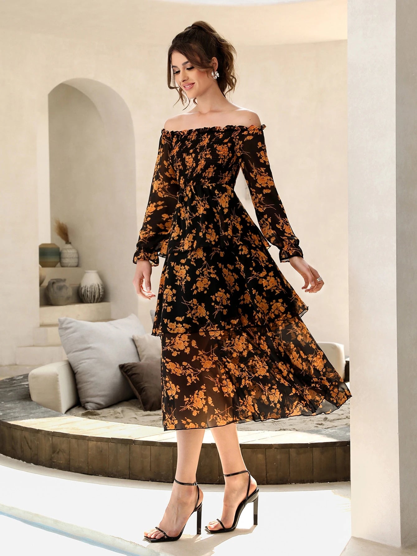 Modelyn Floral Print Off Shoulder Shirred Flounce Sleeve Layered Hem Dress Maxi Women Outfit Long Evening Dresses Fall Cloth For Women