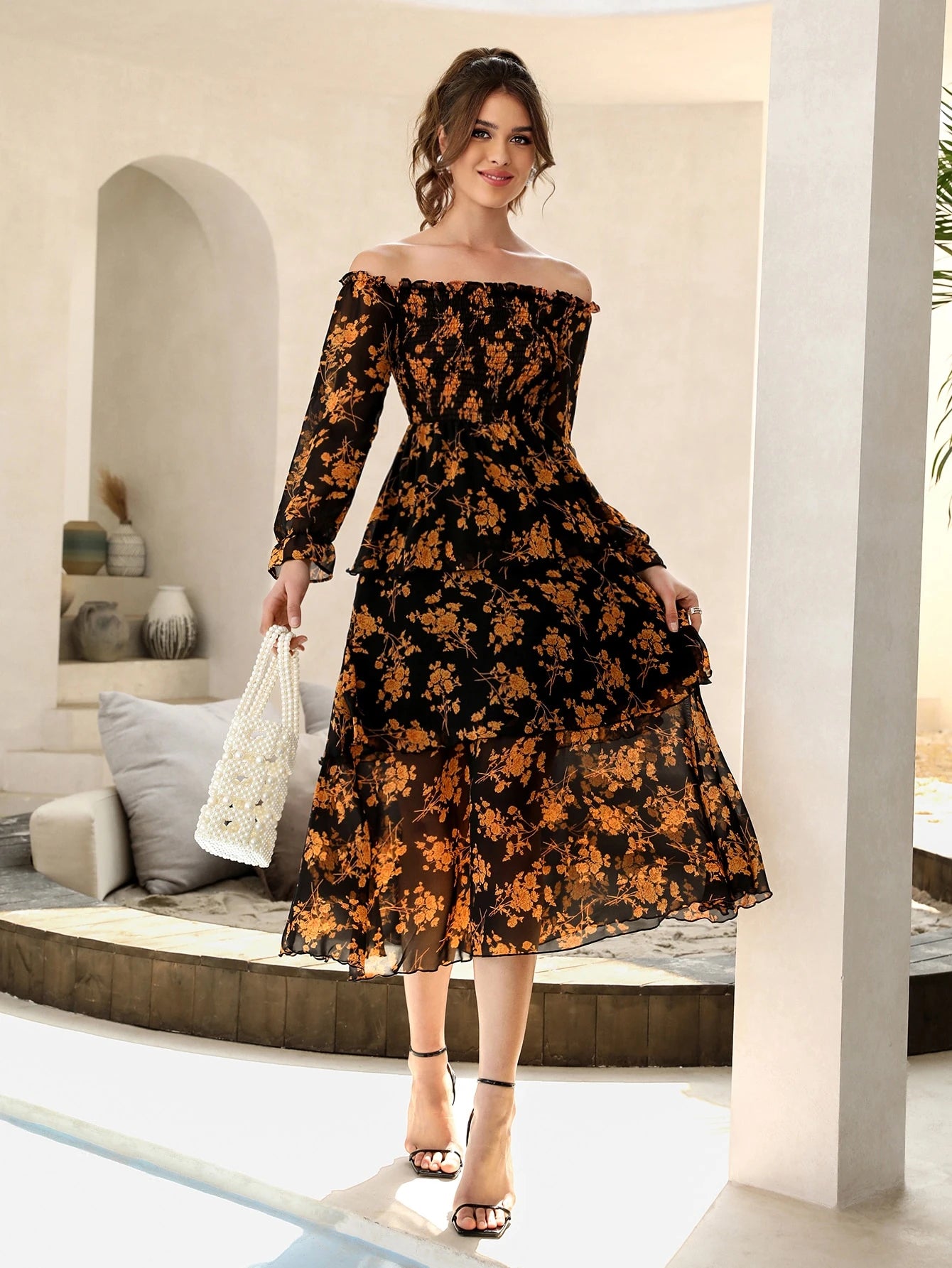 Modelyn Floral Print Off Shoulder Shirred Flounce Sleeve Layered Hem Dress Maxi Women Outfit Long Evening Dresses Fall Cloth For Women