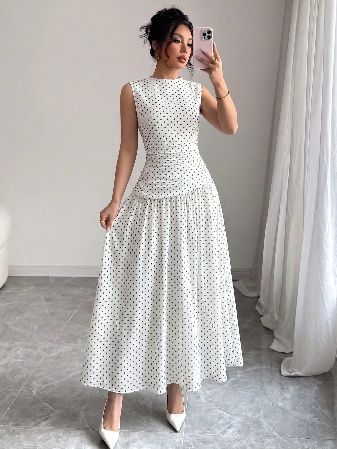 Modelyn French Design High Neck Cinched Waist Women Dress