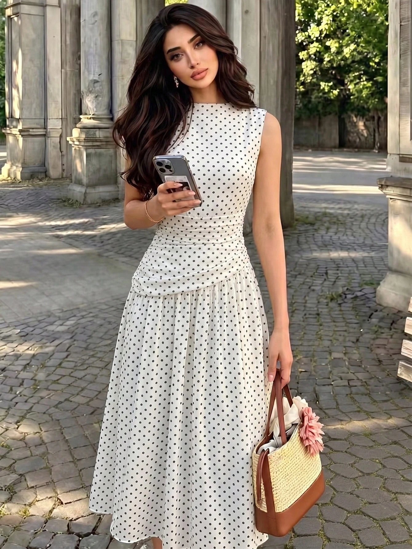Modelyn French Design High Neck Cinched Waist Women Dress
