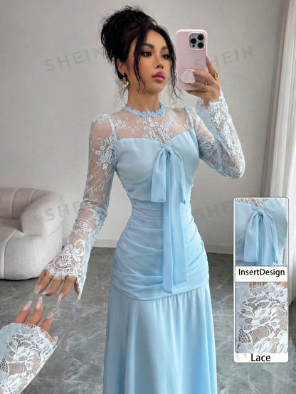Modelyn French Design Lace Patchwork Bow Dress For Women
