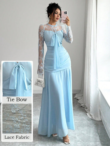 Modelyn French Design Lace Patchwork Bow Dress For Women