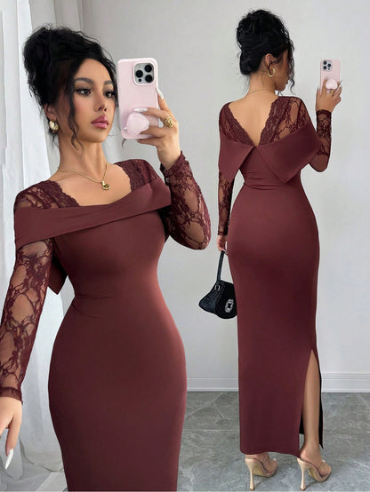 Modelyn Lace Patchwork Square Neck Backless Long Sleeve Fitted Waist Slit Elegant Dress For Women Dining Burgundy Autumn Party Night
