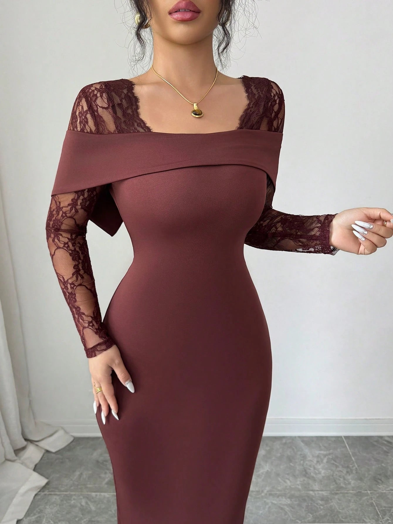 Modelyn Lace Patchwork Square Neck Backless Long Sleeve Fitted Waist Slit Elegant Dress For Women Dining Burgundy Autumn Party Night