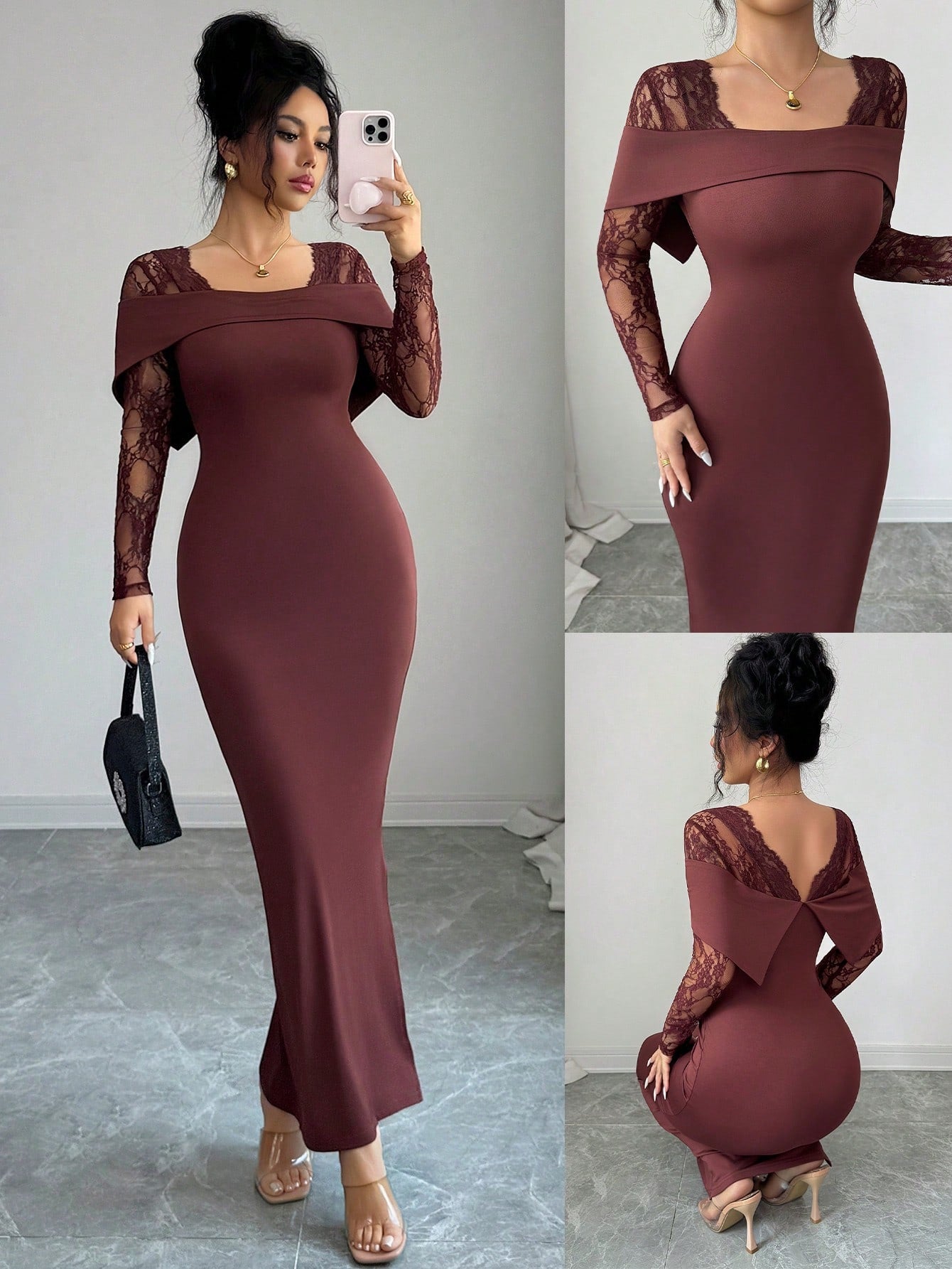 Modelyn Lace Patchwork Square Neck Backless Long Sleeve Fitted Waist Slit Elegant Dress For Women Dining Burgundy Autumn Party Night