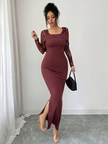 Modelyn Lace Patchwork Square Neck Backless Long Sleeve Fitted Waist Slit Elegant Dress For Women Dining Burgundy Autumn Party Night