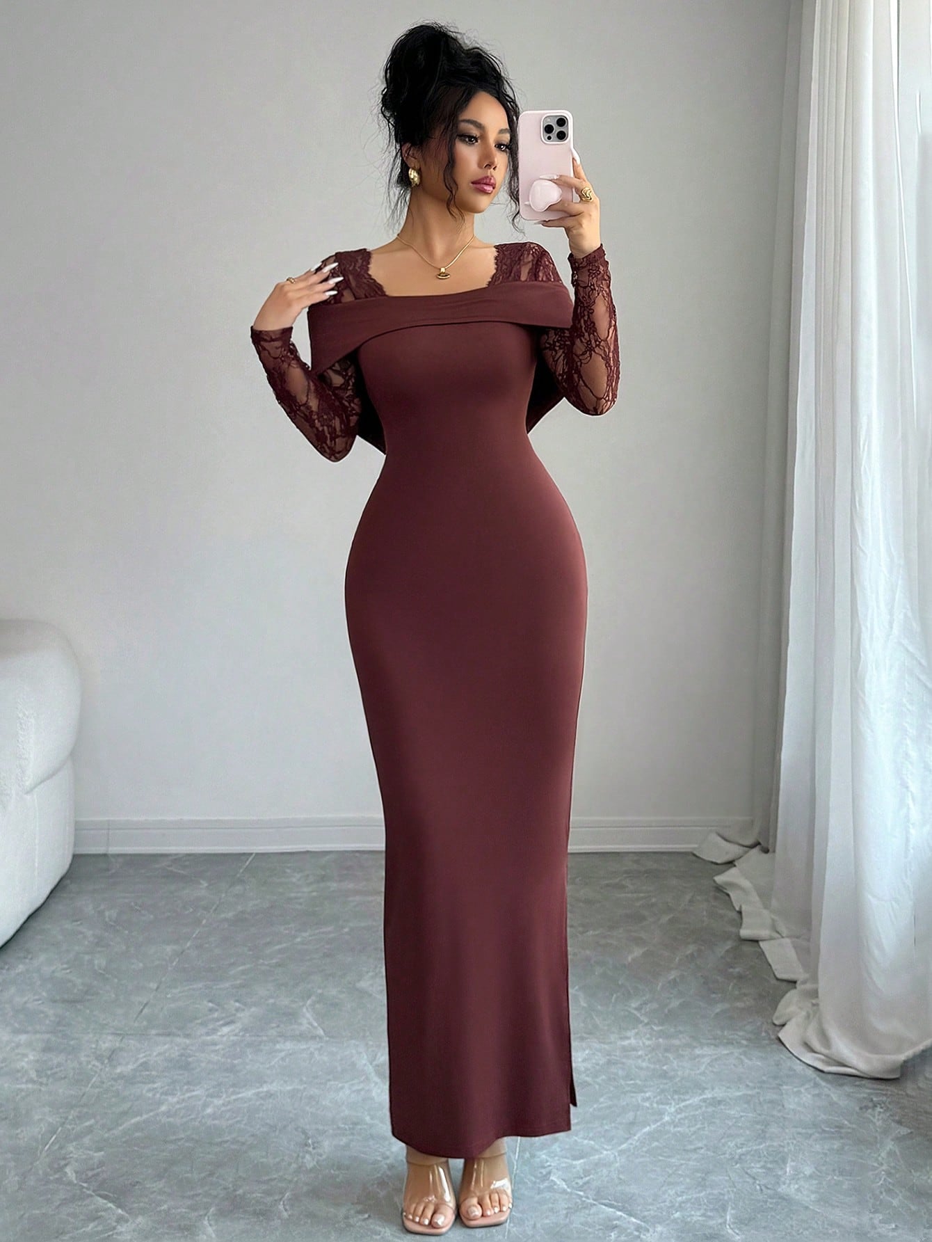Modelyn Lace Patchwork Square Neck Backless Long Sleeve Fitted Waist Slit Elegant Dress For Women Dining Burgundy Autumn Party Night