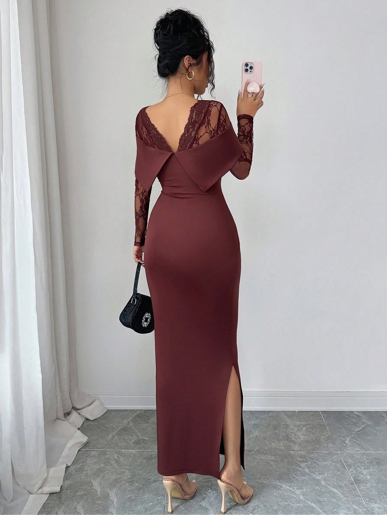 Modelyn Lace Patchwork Square Neck Backless Long Sleeve Fitted Waist Slit Elegant Dress For Women Dining Burgundy Autumn Party Night
