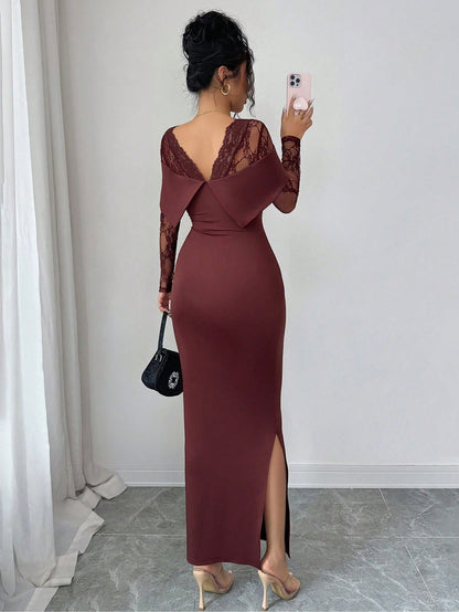 Modelyn Lace Patchwork Square Neck Backless Long Sleeve Fitted Waist Slit Elegant Dress For Women Dining Burgundy Autumn Party Night