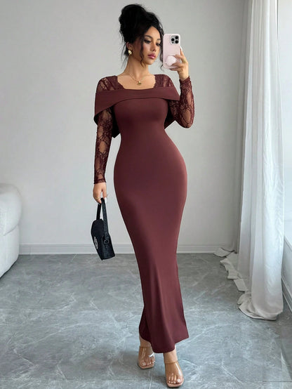 Modelyn Lace Patchwork Square Neck Backless Long Sleeve Fitted Waist Slit Elegant Dress For Women Dining Burgundy Autumn Party Night