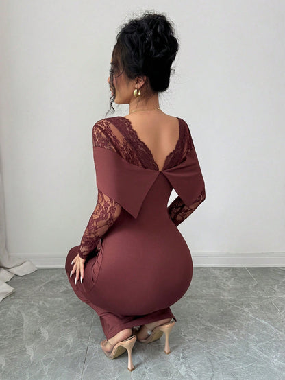 Modelyn Lace Patchwork Square Neck Backless Long Sleeve Fitted Waist Slit Elegant Dress For Women Dining Burgundy Autumn Party Night